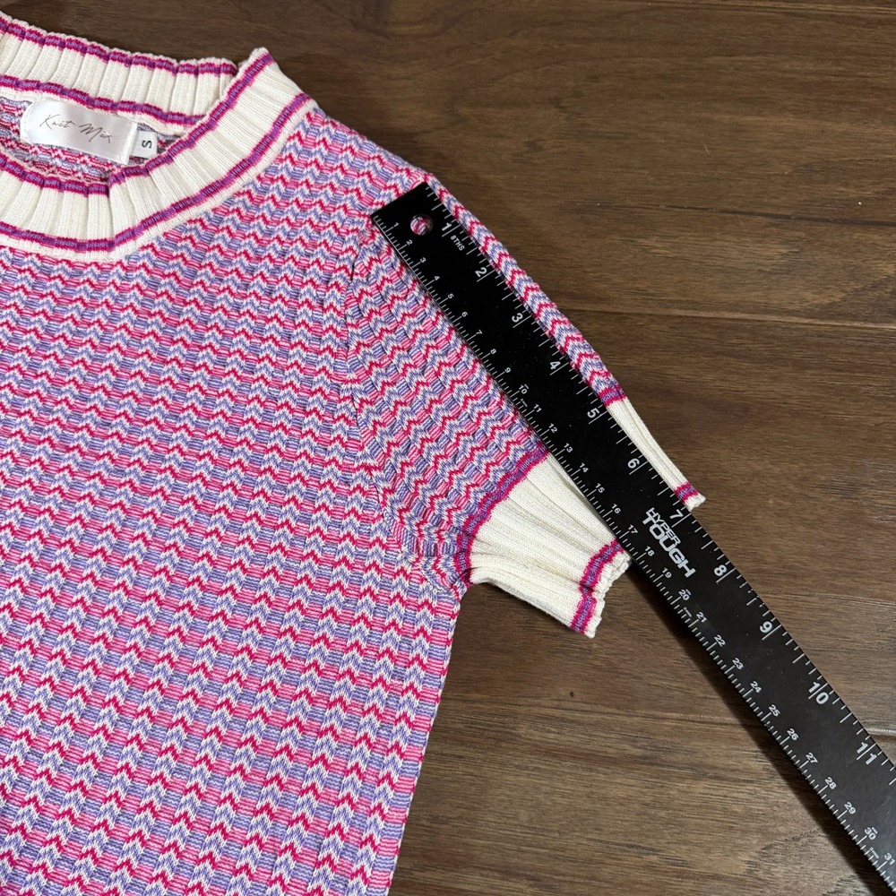 Knit Mix Womens Short Sleeve Chevron Sweater Top Pink Purple White Size S - Picture 5 of 6